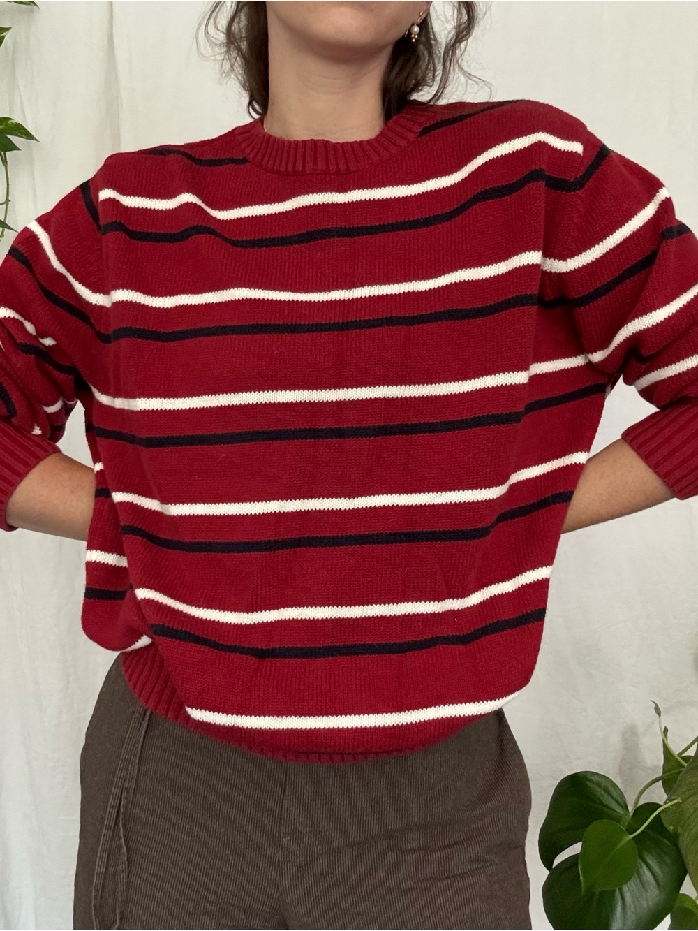 St. John's Bay Red, White & Gray Striped Crewneck Sweater
